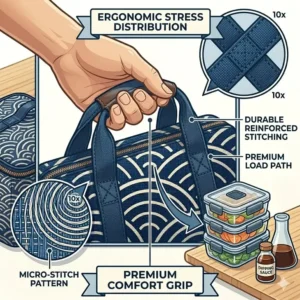 Illustration of the reinforced ergonomic handle on a portable asian lunch bag for easy carrying.