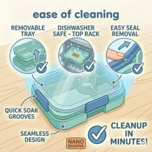 A baby bento box being easily cleaned in the top rack of a kitchen dishwasher.