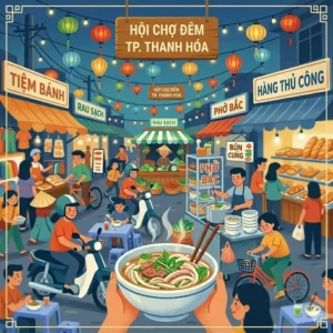 Tourists looking at Thanh Hoa handicrafts and souvenirs shopping at a local booth.