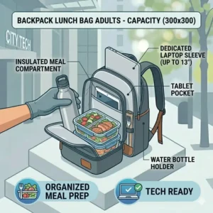 An open backpack lunch bag for adults showing its large capacity for meal containers and a 13-inch laptop.