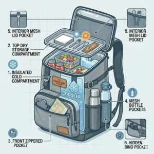 Diagram of a backpack cooler lunch box with separate dry storage and cold compartments.