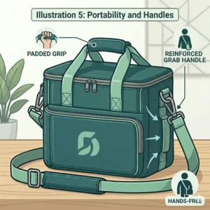 Detailed view of the padded grip and reinforced stitching for a highly portable bento box carrier.