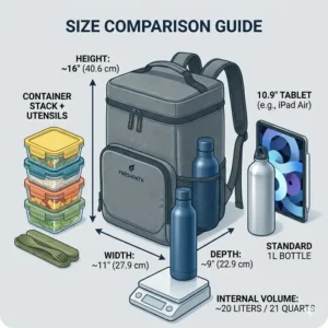 Illustration 5: Size comparison guide showing the dimensions and capacity of a backpack lunch pail.