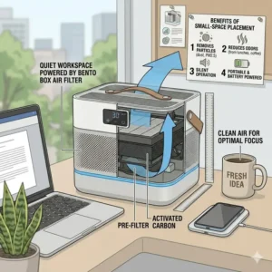 Illustration 5: A lifestyle illustration showing the ideal placement of a bento box air filter on an office desk.