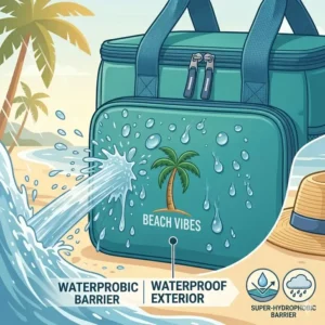 Illustration 6: Visual demonstration of water droplets beading off the waterproof surface of a beachy lunch box.
