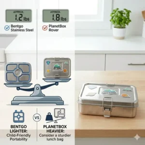 An infographic showing the weight difference of bentgo stainless steel vs planetbox models.