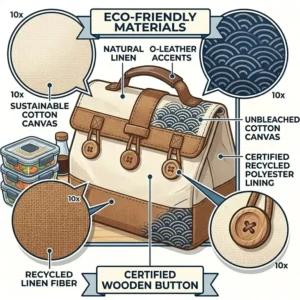 Sustainable canvas asian lunch bag illustration featuring eco-friendly linen fabric and wooden button closures.