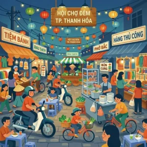 Dynamic Thanh Hoa night market activities and people enjoying the weekend vibe.