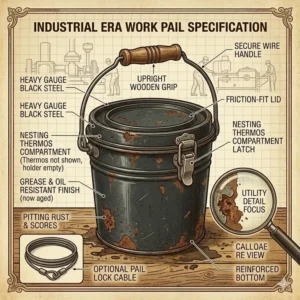 A minimalist illustration of a heavy-duty black steel antique metal lunch box pail used by industrial workers.