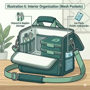Internal view of the bento box carrier showing specialized mesh pockets for ice packs and utensils.