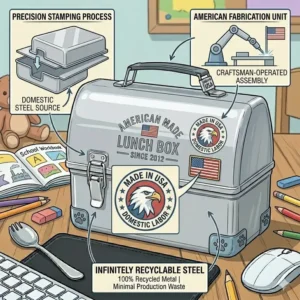 An illustration highlighting the domestic manufacturing of an american made lunch box with a flag badge.