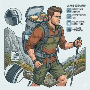 Illustration of a person wearing a backpack cooler lunch box while hiking in the mountains.