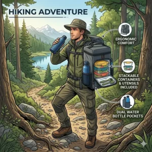 Illustration 6: A hiker wearing a backpack lunch pail while trekking through a mountain forest.