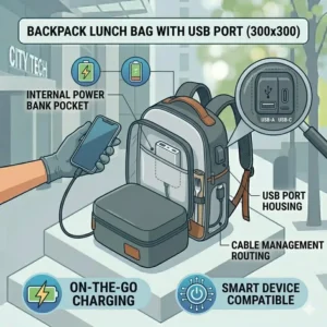 A backpack lunch bag for adults featuring a built-in USB charging port for convenient on-the-go device charging.