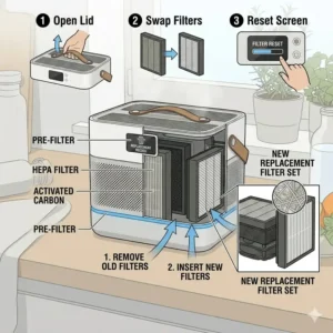 Illustration 6: A step-by-step maintenance guide for replacing the filters in a bento box air filter.