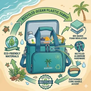 Illustration 7: Graphic highlighting the sustainable and recycled ocean plastics used to make a beachy lunch box.