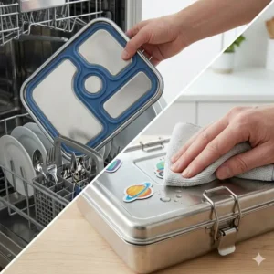 A person cleaning the bentgo stainless steel vs planetbox to show ease of maintenance.