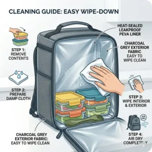Illustration 7: Step-by-step cleaning guide showing how to wipe down a backpack lunch pail.