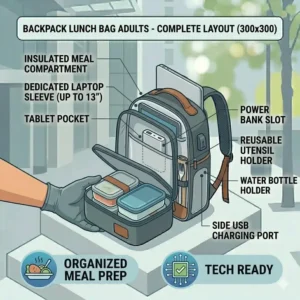 A complete layout view of the organized storage sections inside a versatile backpack lunch bag for adults.