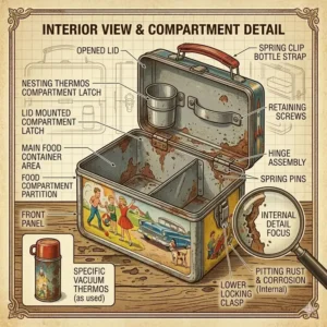 A top-down illustration of an open antique metal lunch box showing the hollow interior and the lid-mounted thermos clip.
