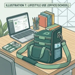 A modern bento box carrier placed in an office setting next to a laptop and workspace accessories.