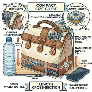 A size guide illustration comparing an asian lunch bag to a standard 500ml water bottle and a smartphone.