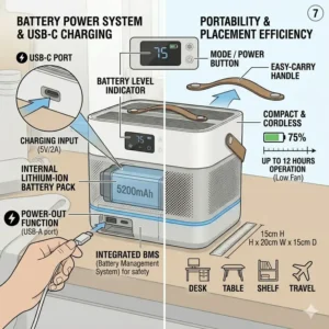 Illustration 7: A technical illustration highlighting the USB charging port and battery system of the bento box air filter.