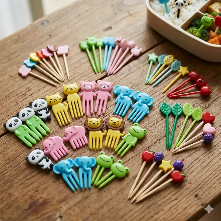 A collection of various colorful bento box picks arranged on a wooden table.