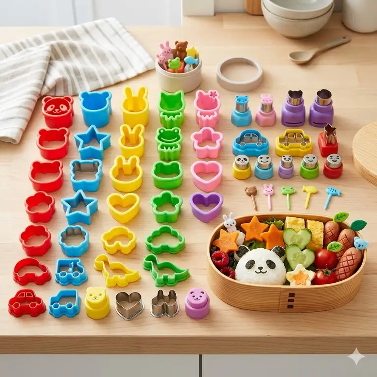 A complete collection of colorful bento box cutters in various shapes for creative food styling.