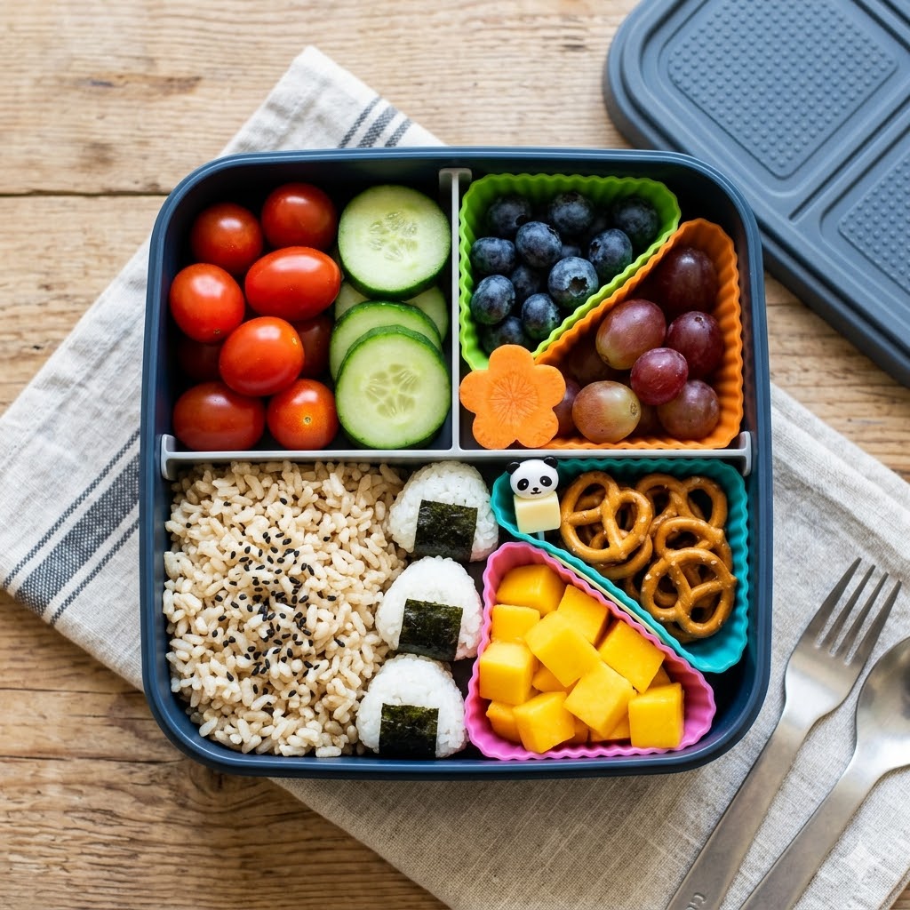 A top-down view of a modern lunch container featuring colorful bento box dividers separating fresh fruits and snacks.