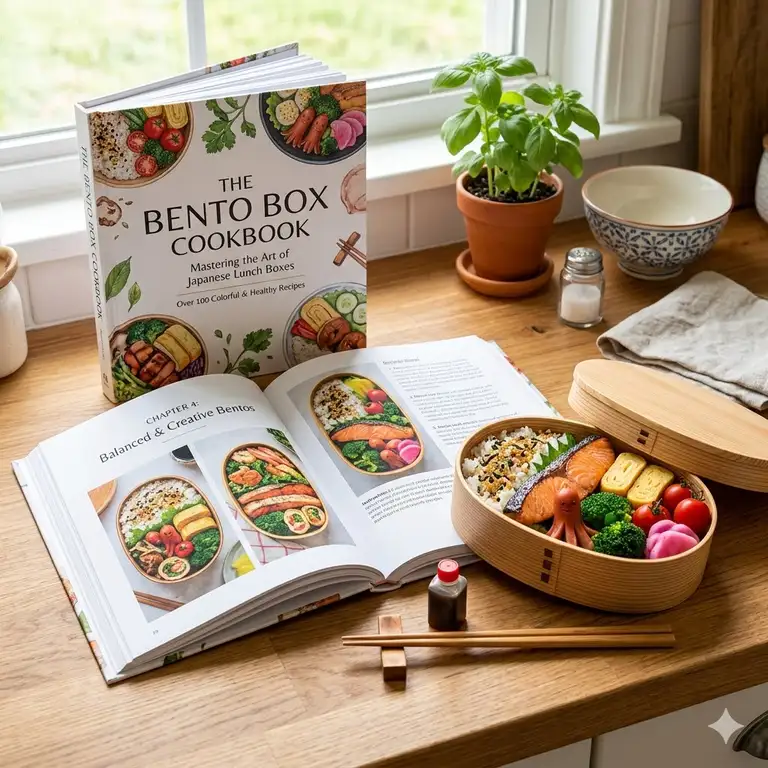 Featured Image: A vibrant and professional bento box cookbook displayed on a kitchen counter next to a prepared lunch.
