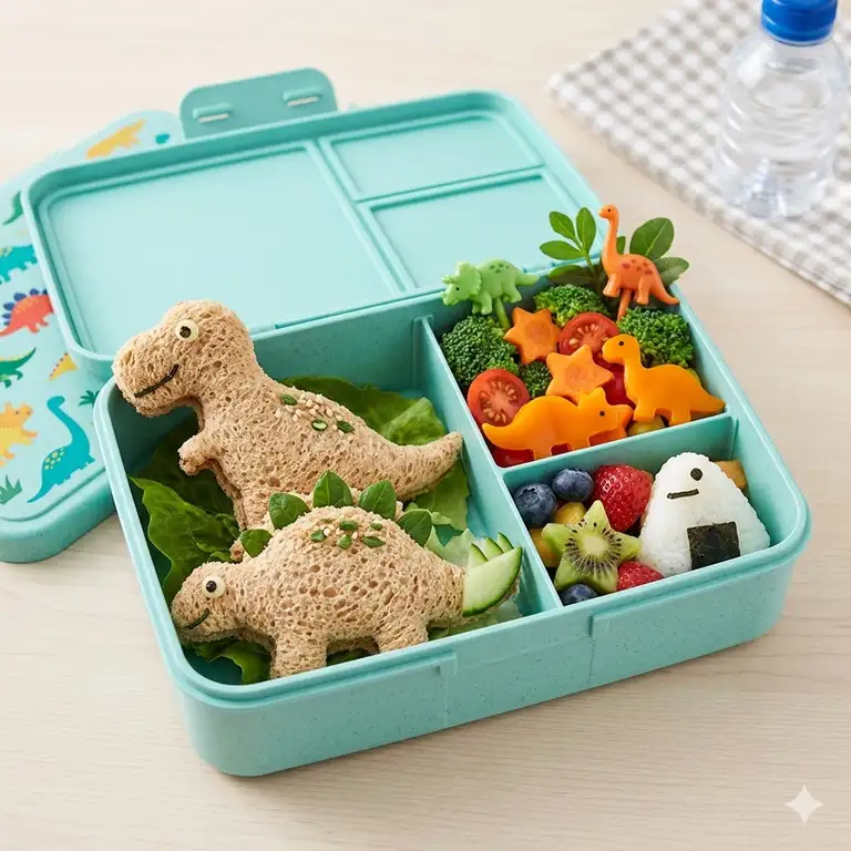 A complete bento box dino lunch set featuring dinosaur-shaped sandwiches and green vegetable accents in a divided container.