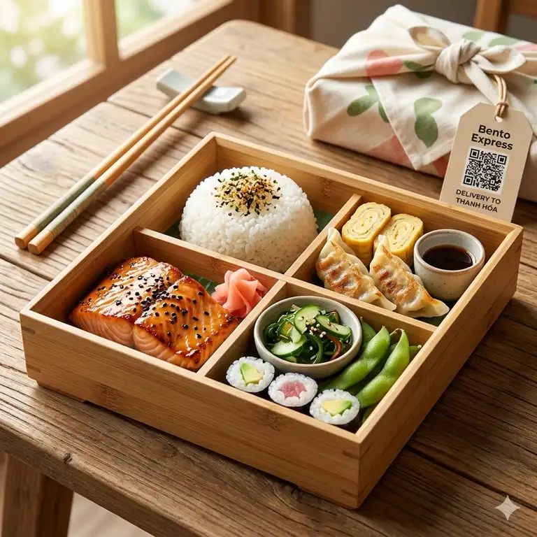 A premium Japanese bento box food delivery set with grilled salmon and fresh sides.