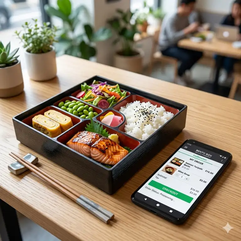 A premium Japanese lunch set next to a smartphone showing a completed bento box online ordering checkout screen.