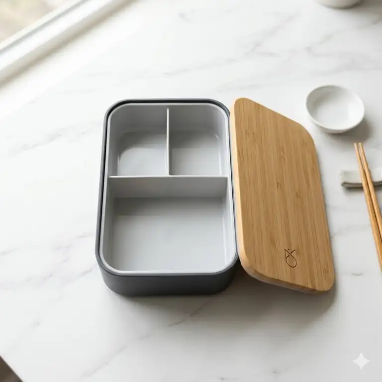 A high-angle shot of a modern minimalist bento box empty with a wooden lid on a marble countertop.
