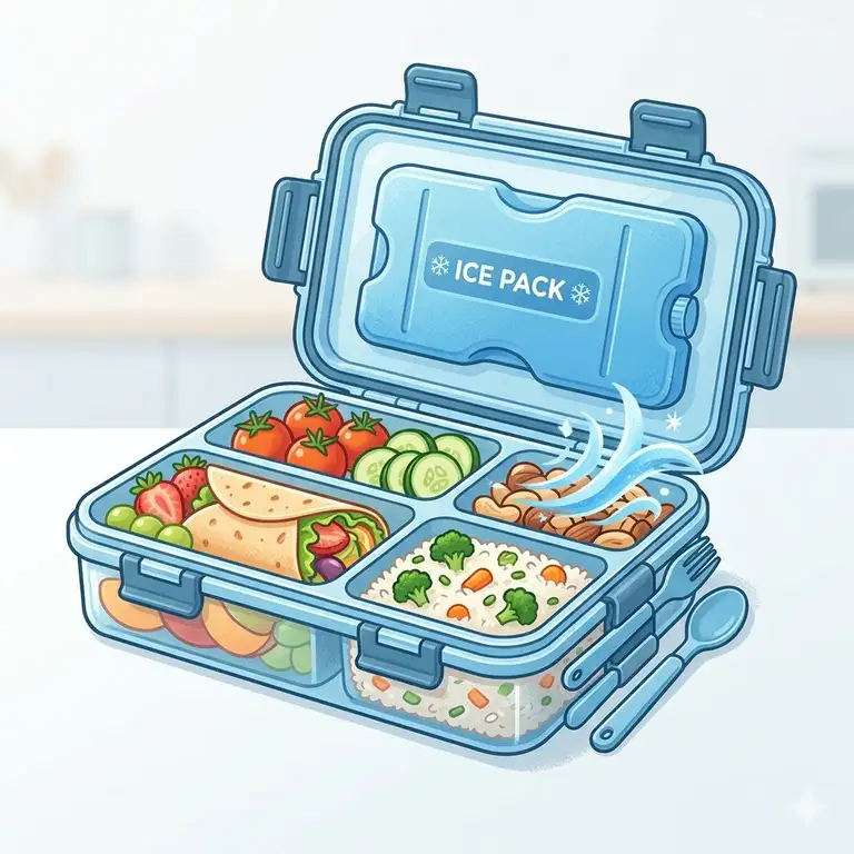 A complete set of a premium bento box lunch box with ice pack showing all accessories and utensils.