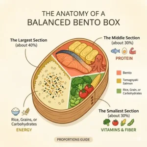 Illustration 1: An educational diagram from a bento box cookbook showing the ideal food proportions for a balanced meal.