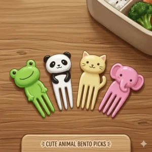 Close-up of cute animal-shaped bento box picks for children's lunch boxes.