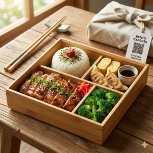 Delicious chicken teriyaki bento box food delivery including gyoza and steamed rice.