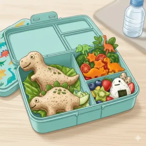 Illustration showing a top-down view of a bento box dino layout with dedicated sections for proteins, fruits, and snacks.