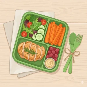 An eco-friendly bento box green made from sustainable wheat straw material on a wooden table.