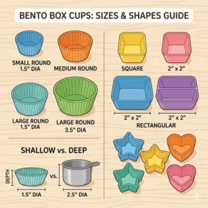 An illustration comparing different sizes and shapes of bento box cups including square and round dividers.