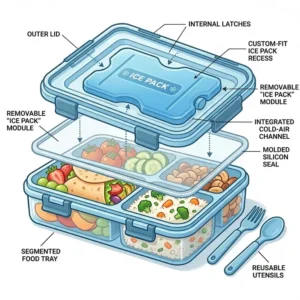 Detailed internal view showing the removable cooling layer of the bento box lunch box with ice pack.
