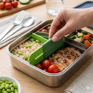 A close-up of adjustable bento box dividers being used to create custom compartments inside a stainless steel lunch box.