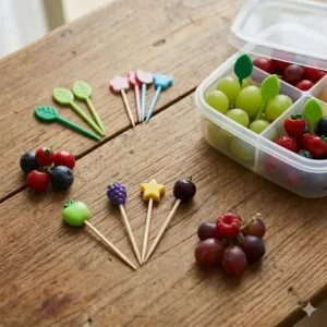 Small reusable fruit forks and bento box picks securing fresh berries and grapes.