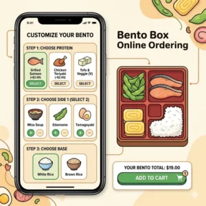 A digital graphic of a customization menu for bento box online ordering where users can select proteins and sides.