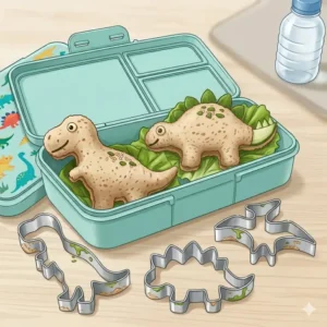A set of stainless steel dinosaur sandwich cutters used to create bento box dino shapes.