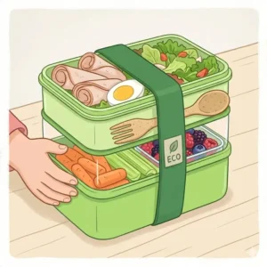 A stacked bento box green with a secure elastic strap for easy commuting and office lunches.
