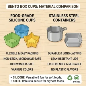 A side-by-side comparison of silicone bento box cups and stainless steel containers for eco-friendly lunch packing.