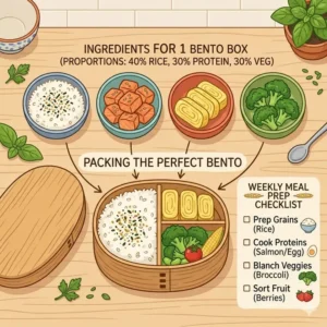 Illustration 2: A top-down meal prep layout featuring ingredients and instructions from a bento box cookbook.